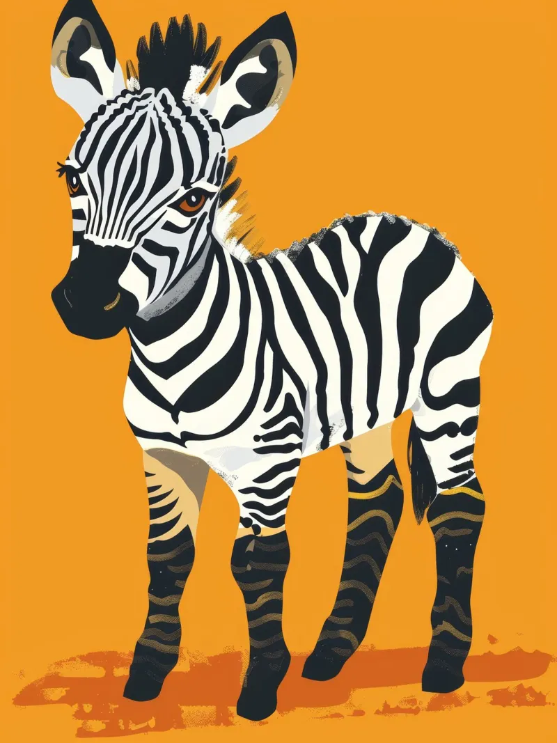 Puledro zebra carino in piedi su uno sfondo arancione brillante pellicola backlit da DesignDoodle