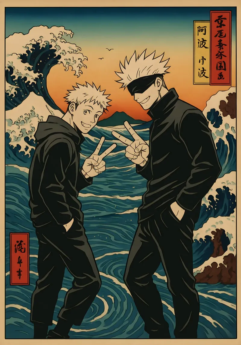 Vintage Jujutsu Kaisen Japan Art canvas met Baklijst van KakiHanryJP