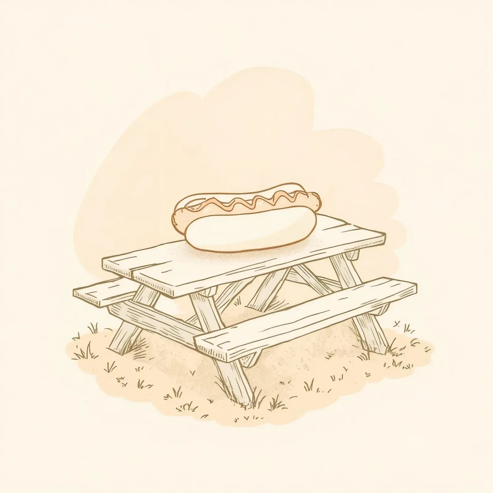 Perrito caliente descansando sobre una mesa de picnic de madera en un campo cubierto de hierba hahnemühle de DesignDoodle