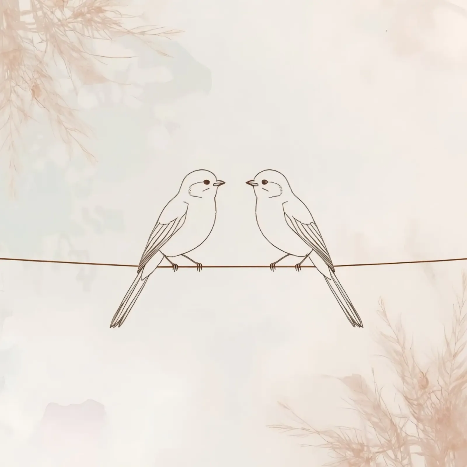 Dos pequeños pájaros posados en un alambre sobre un fondo suave hahnemühle de DesignDoodle
