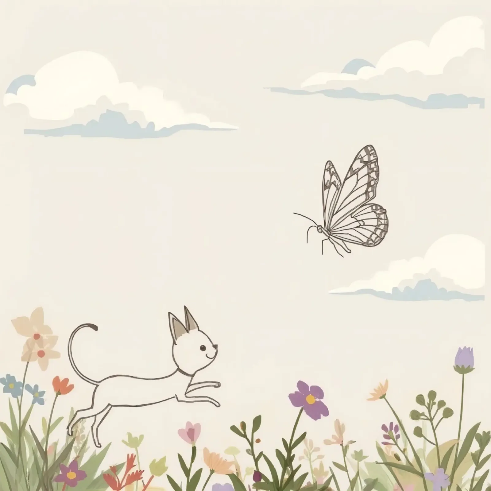 Gatto insegue farfalla in un prato fiorito sotto un cielo morbido poster con telaio in legno da DesignDoodle