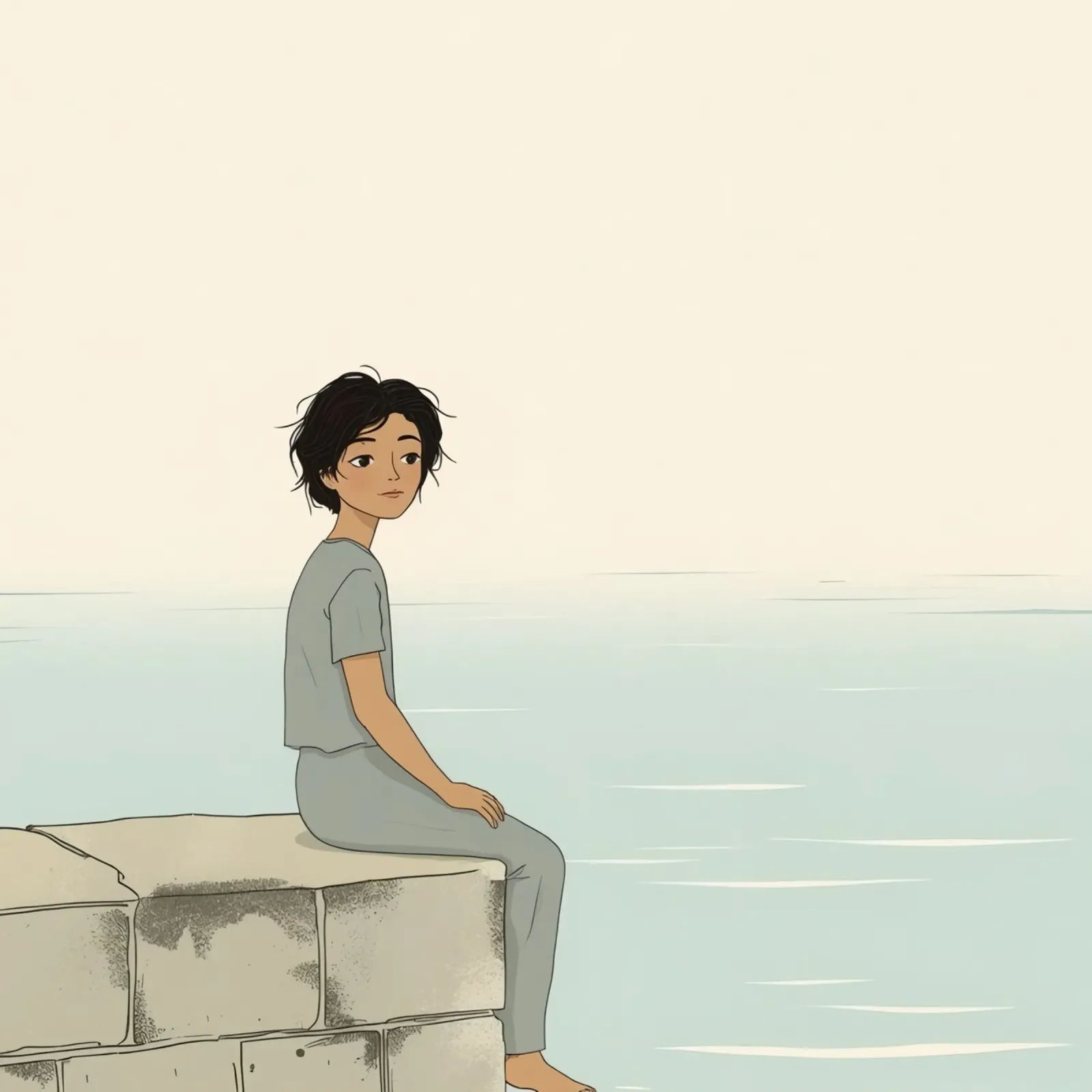 Junges Mädchen sitzt auf einer Steinmauer am Wasser und blickt ruhig vor sich hin Poster mit Holzrahmen von DesignDoodle