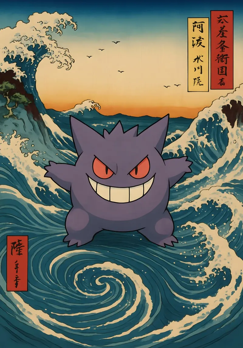 Vintage Gengar Japan Art poster con telaio in alluminio da KakiHanryJP
