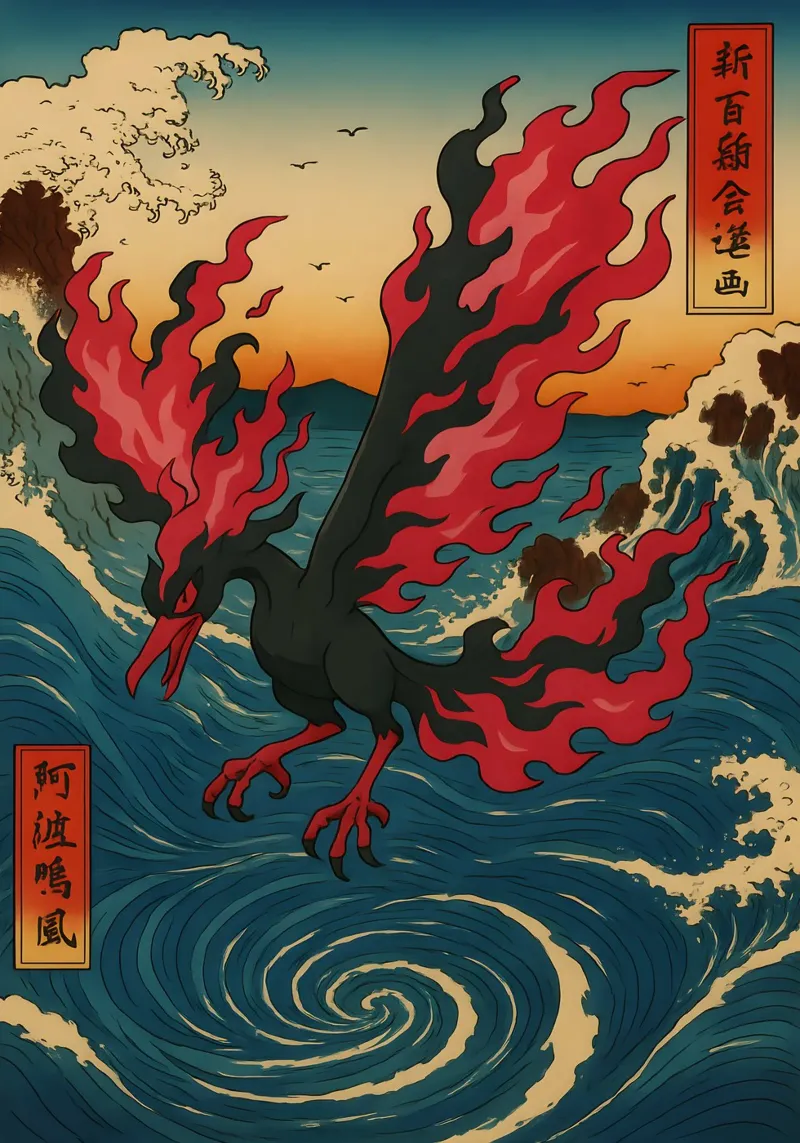 Vintage Moltres Japan Art poster avec cadre en bois de KakiHanryJP