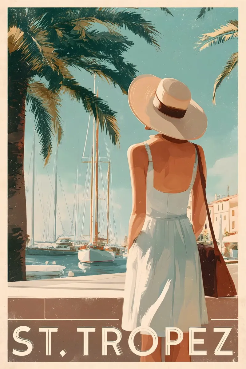 Poster di viaggio vintage di St.Tropez poster con telaio in alluminio da Vintage Travel Art