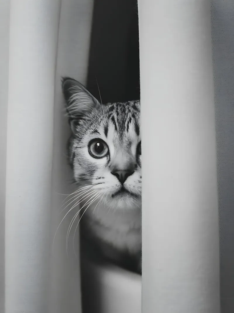 Curious cat behind the bathroom curtain poster with plastic frame by Plain Thoughts