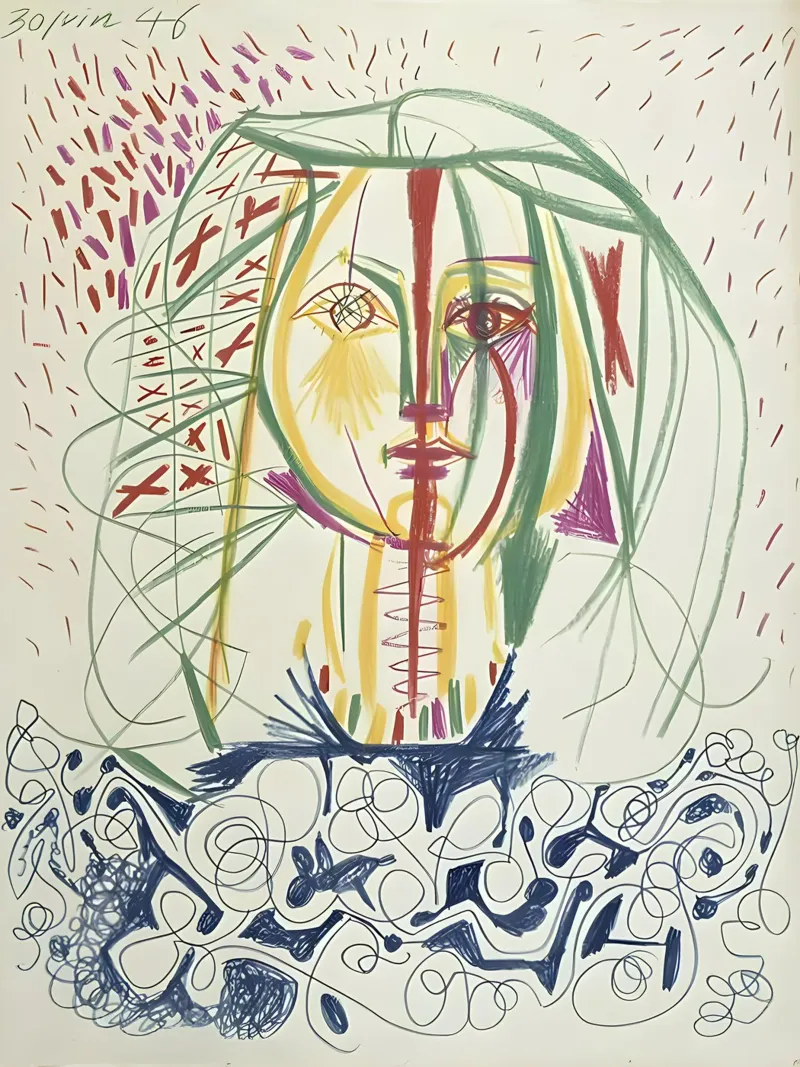 Picasso 1946 Ritratto astratto di donna - Avant-Garde Line Art poster con telaio in legno da homdeco