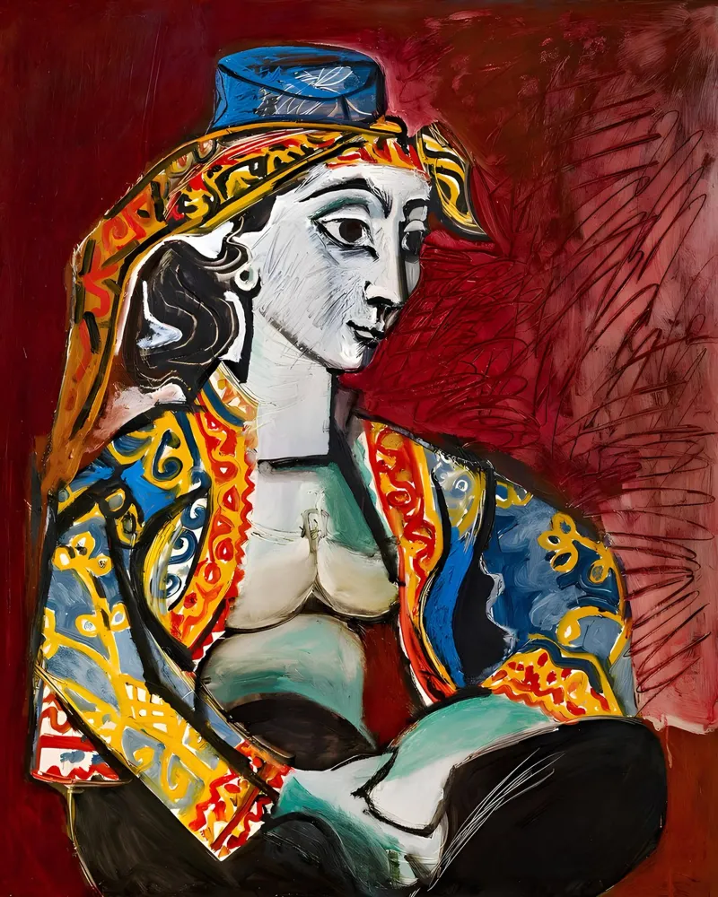 Mujer con traje oriental inspirada en Picasso - Vibrant Portrai poster de homdeco
