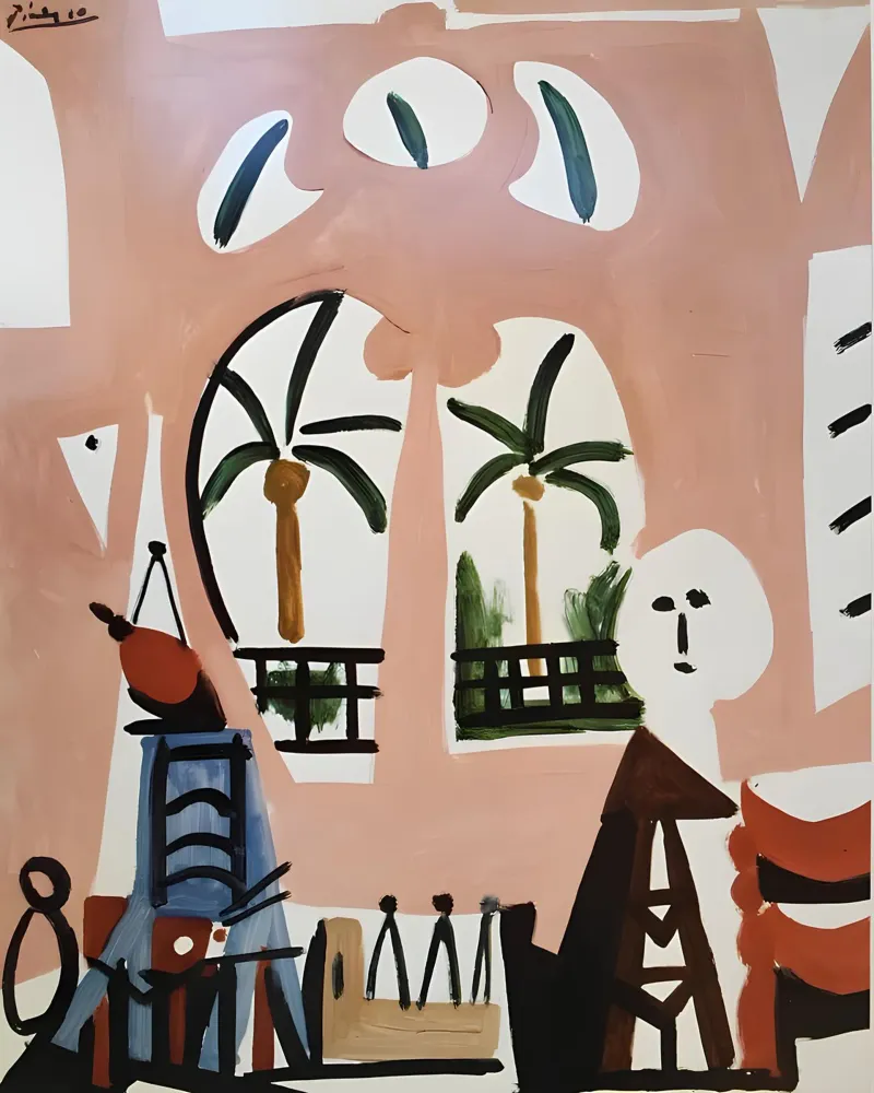 Picasso Inspired Interior with Palms - Abstract Modern Art canvas with Floater frame by homdeco