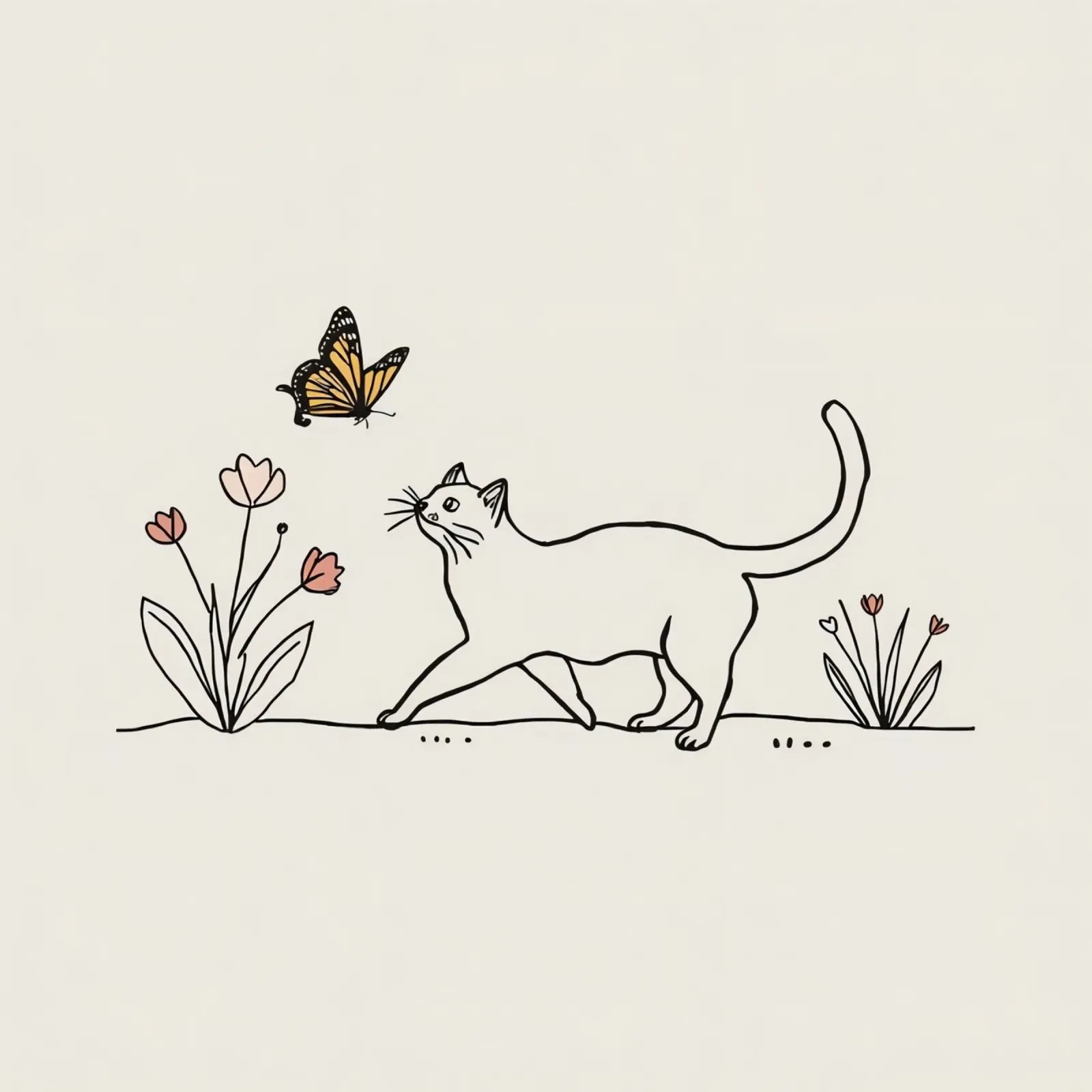 Chat explorant le jardin tandis qu'un papillon volette à proximité hahnemühle de DesignDoodle