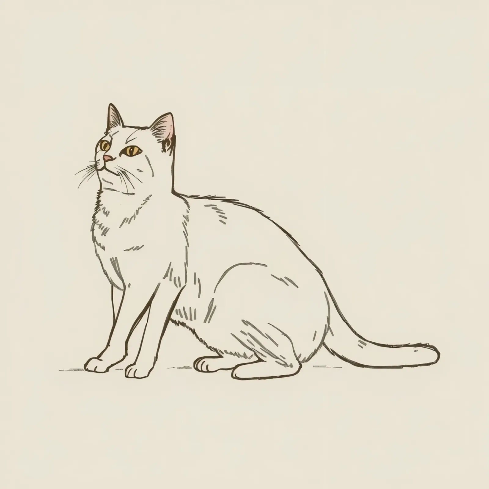White cat sitting with alert expression in a minimalist art canvas by DesignDoodle