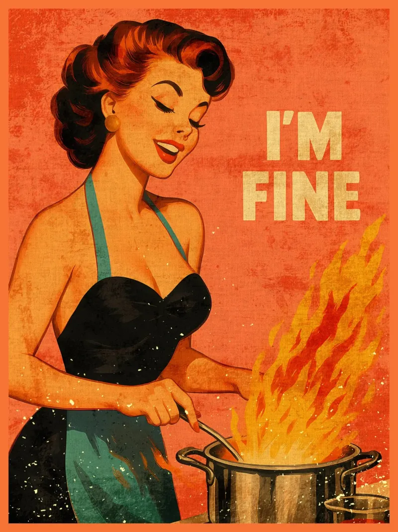 Póster retro de mujer cocinando 'I'm Fine metacrilato de Drew Studio