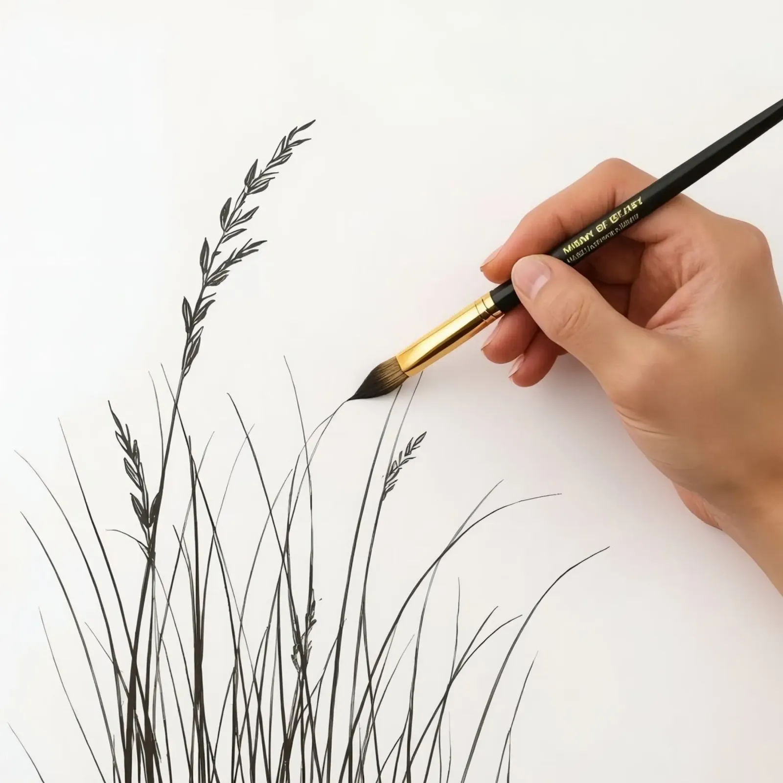 L'artista applica il pennello sulla carta creando delicati dettagli dell'erba poster da DesignDoodle