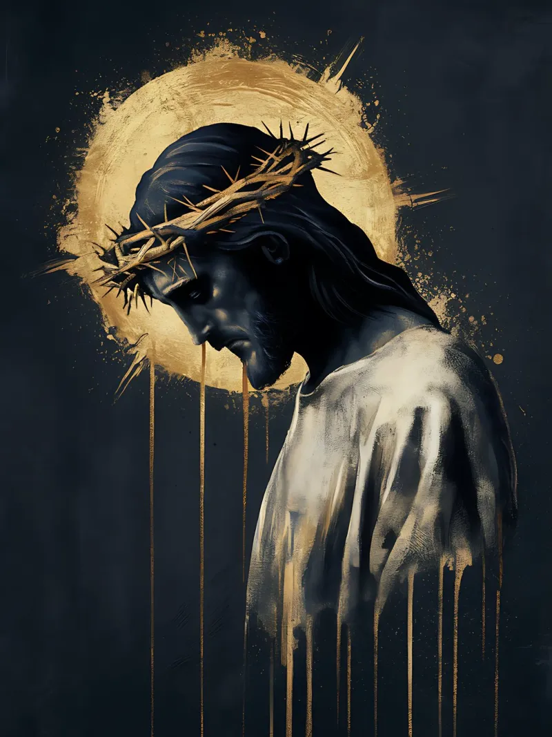 Jesus crowned with thorns, sacred golden halo poster with wooden frame by Plain Thoughts