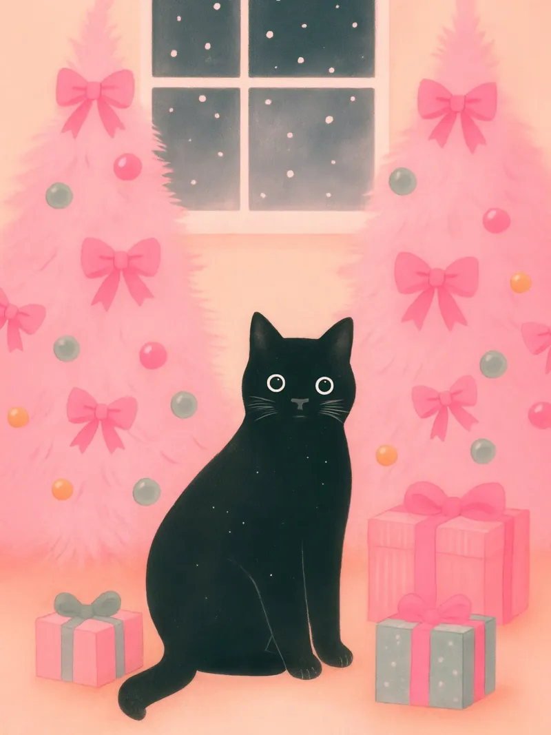 Gatto nero e rosa Natale Kawaii Scena di vacanza accogliente poster con telaio in alluminio da Gentle Echoes Art