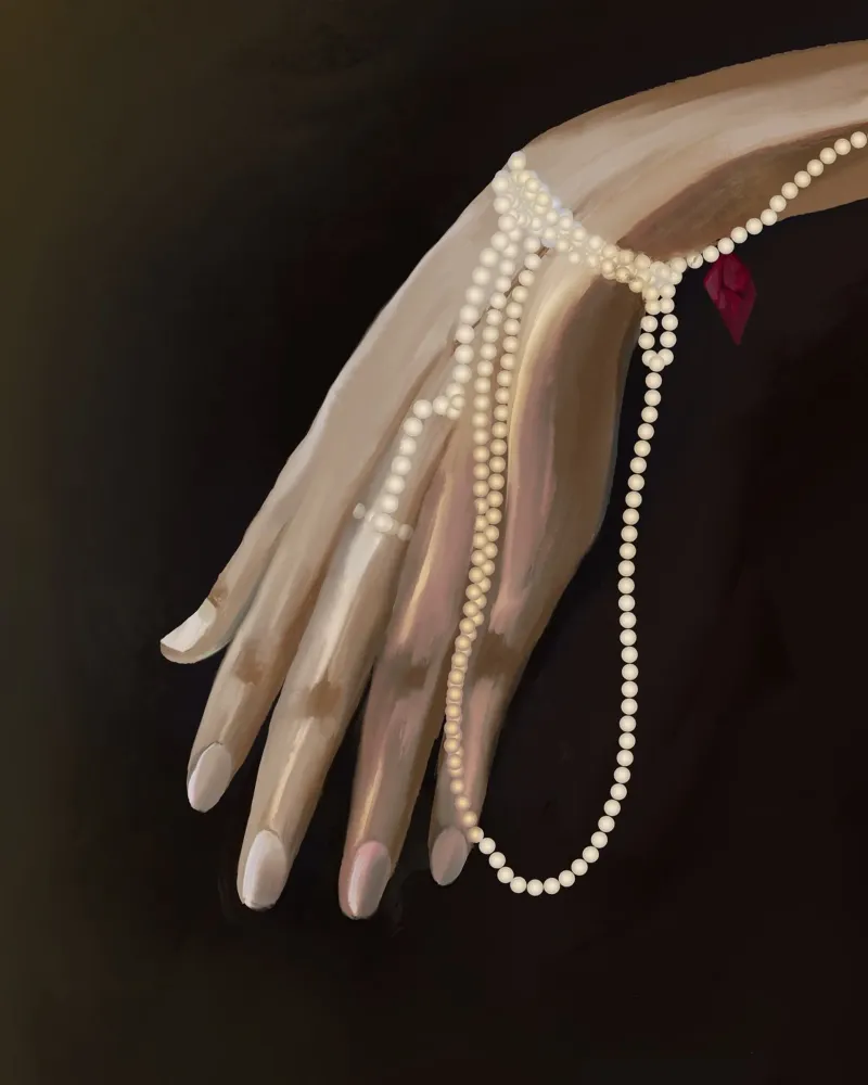 Feminine Hand Draped in Pearls with Soft Shadow Lighting pellicola backlit da mysteriouscoco