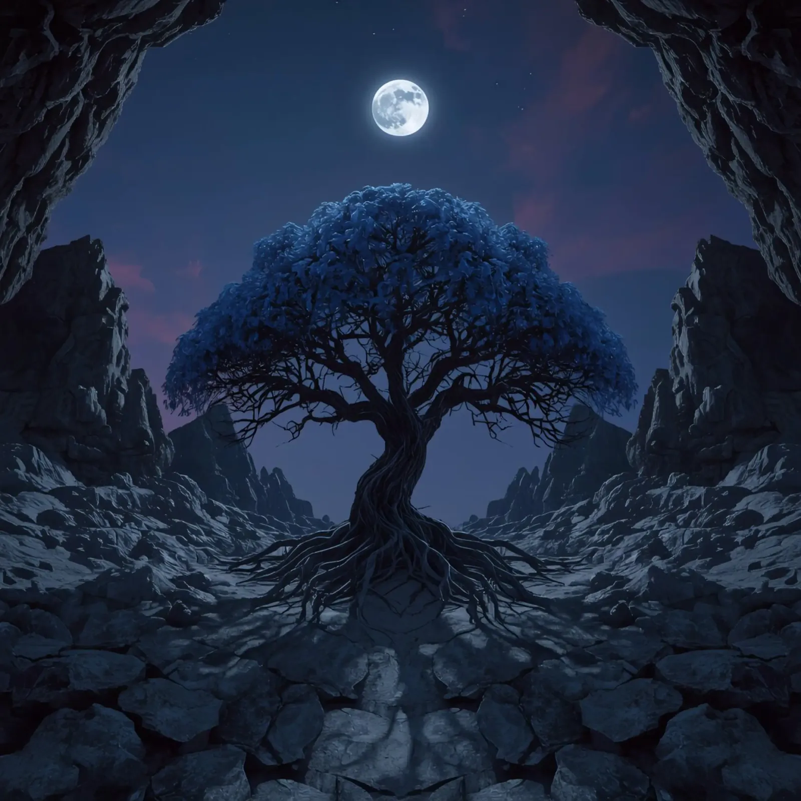 Majestic tree illuminated under the full moon rocky area canvas with Floater frame by DesignDoodle