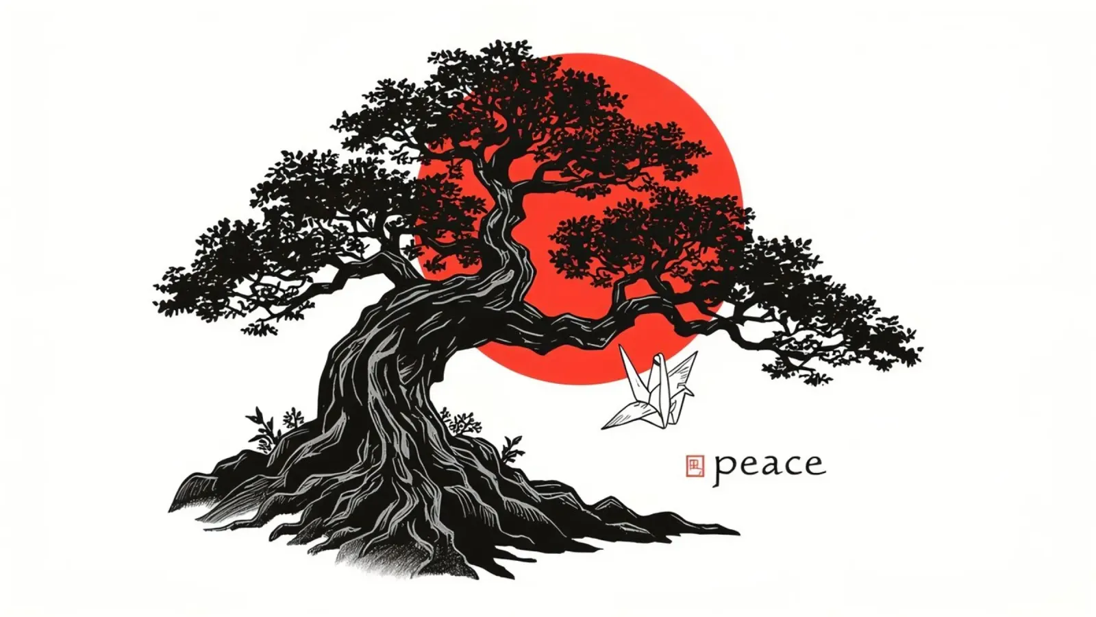 Rappresentazione artistica di un bonsai sotto un sole rosso carta hahnemühle da DesignDoodle