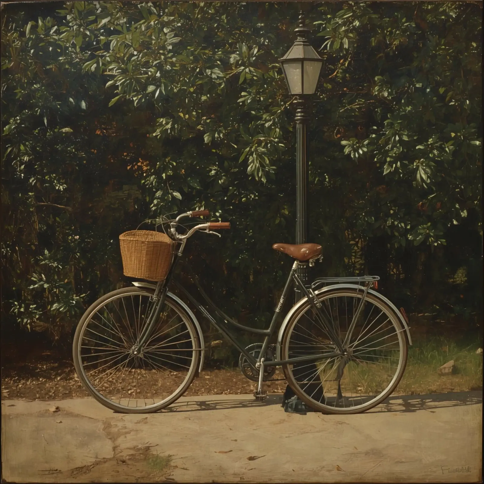 Bicicletta d'epoca parcheggiata accanto a un lampione in un lussureggiante spazio all'aperto plexiglass da DesignDoodle