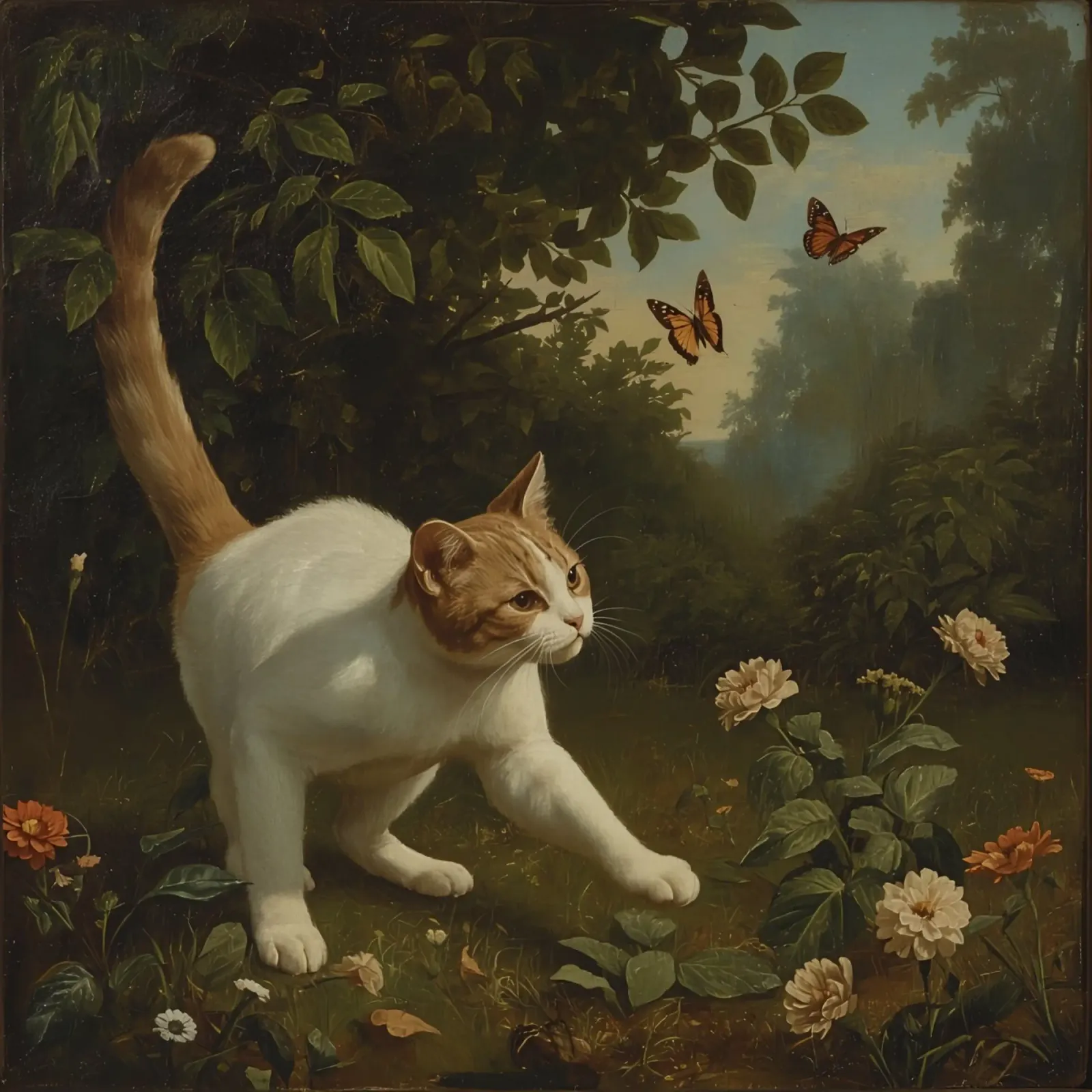 Curious cat exploring a garden while chasing butterflies poster with plastic frame by DesignDoodle