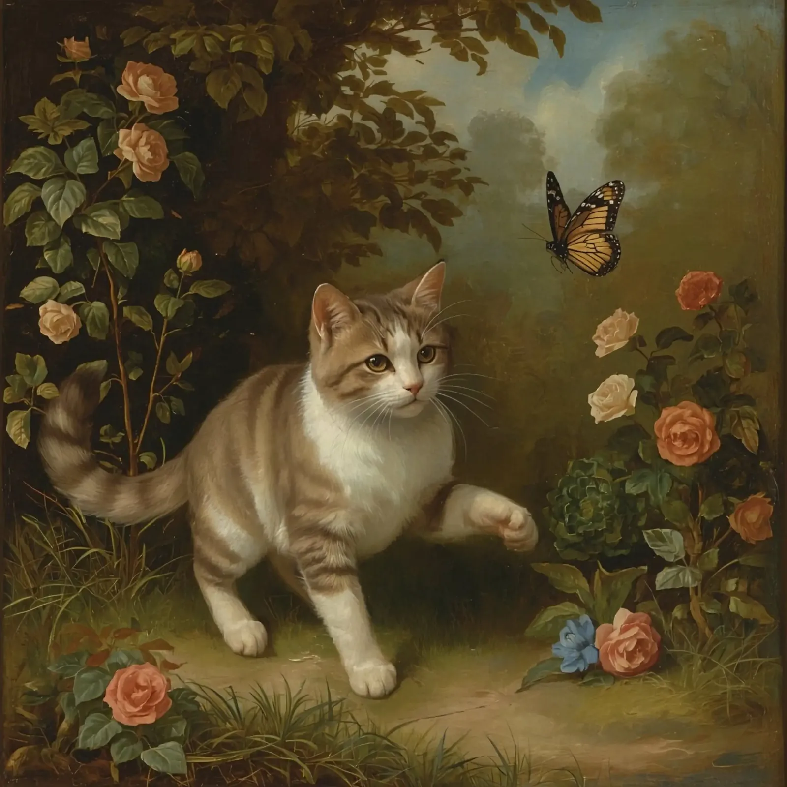 Gatto che passeggia in giardino mentre gioca con una farfalla poster con telaio in plastica da DesignDoodle