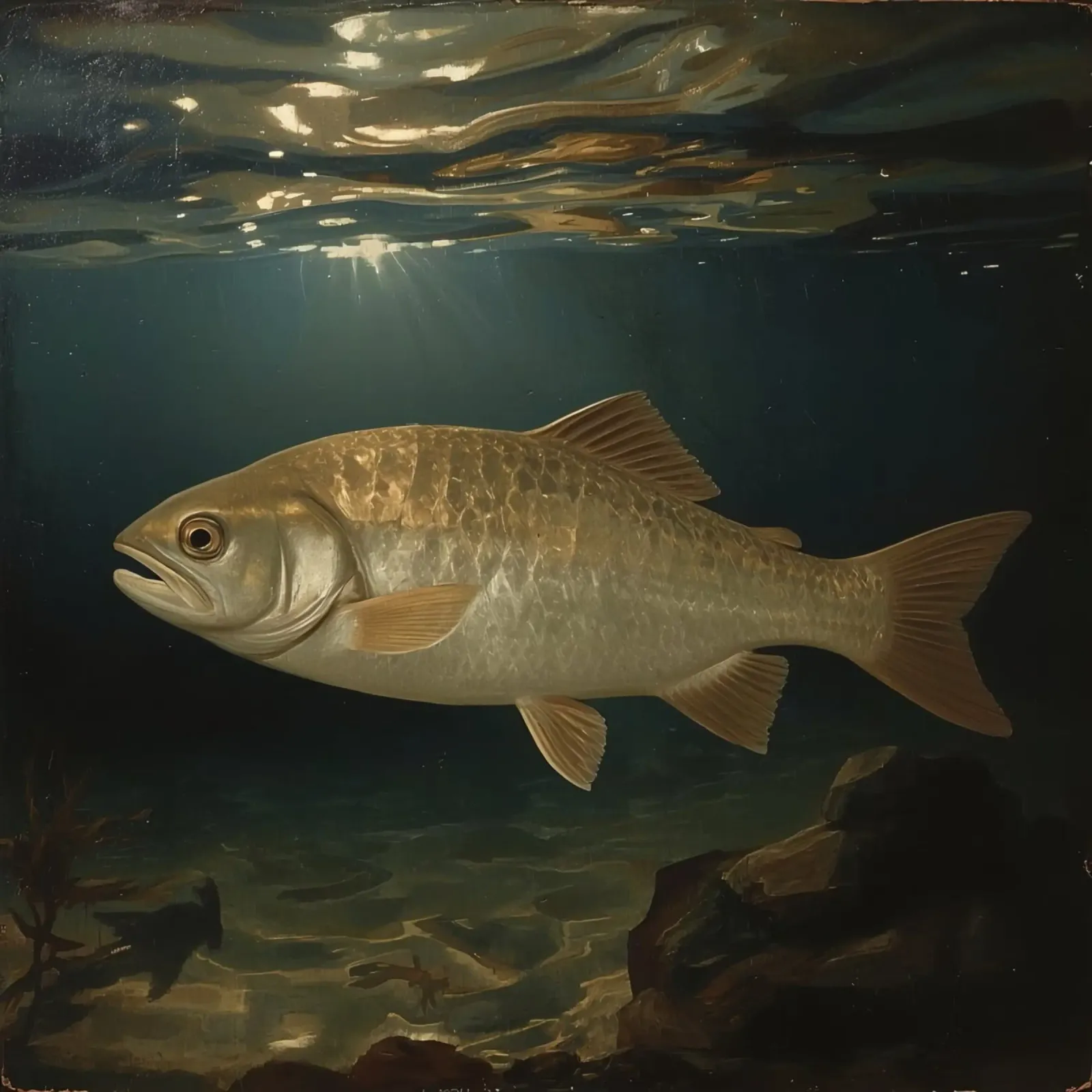 Un grand poisson nage gracieusement dans une eau claire illuminée. hahnemühle de DesignDoodle