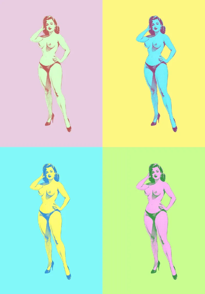 Pin-Up nuda pop art in pannelli pastello pellicola backlit da Hecate Pim Designs