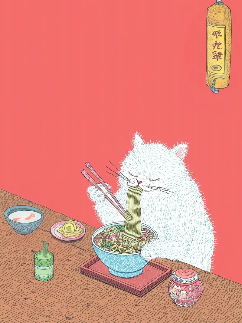 Gatto bianco mangia ramen Ispirazione Giappone Foodie e cucina pellicola backlit da Kaji