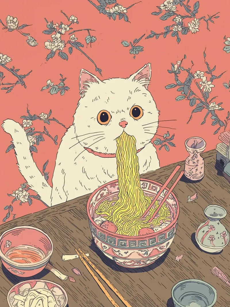 Gatto bianco ruba il ramen Ispirazione Giappone Foodie e cucina pellicola backlit da Kaji