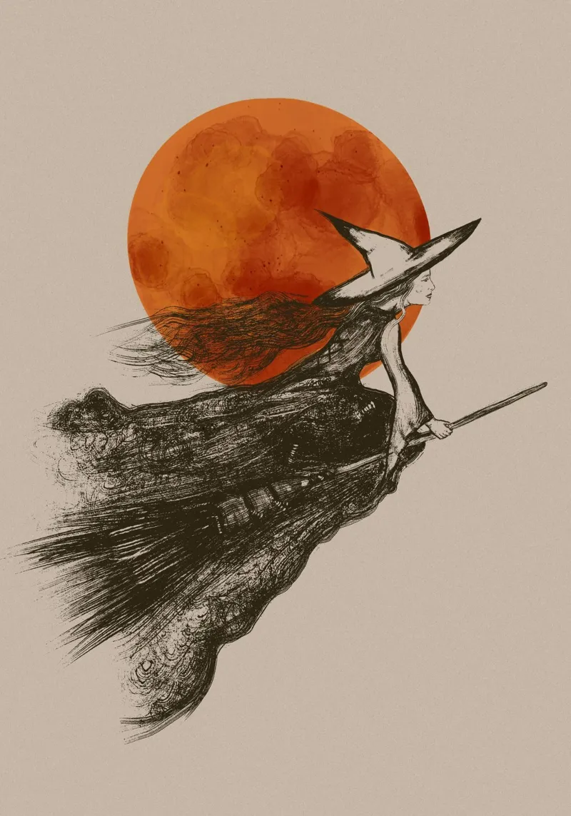 Strega volante con capelli lunghi davanti a una luna rossa pellicola backlit da Lisa Jureczko Arts Illustration