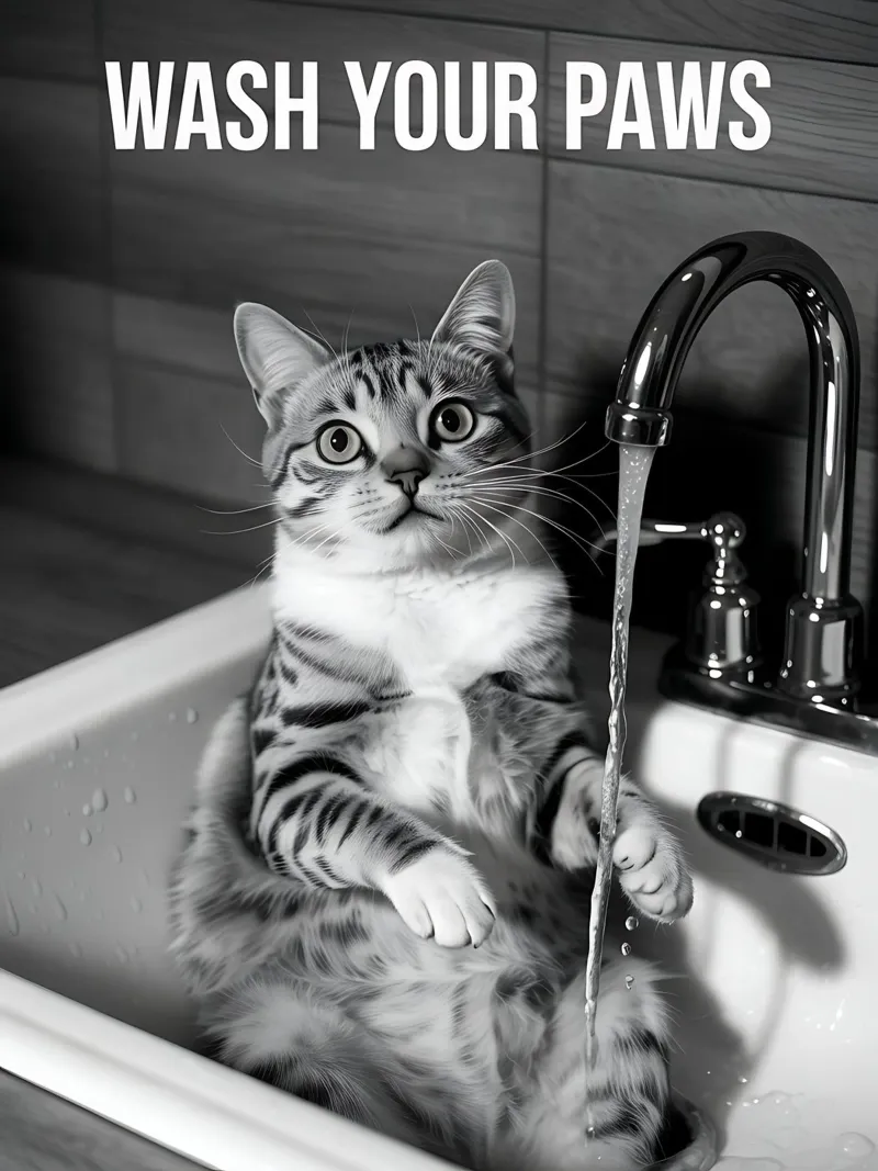 Niedliche Katze im Spülbecken - Wash Your Paws Poster von Plain Thoughts