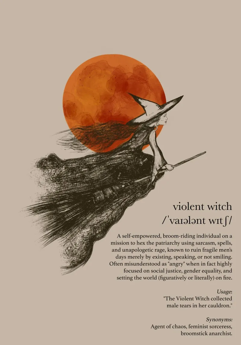 Violent Witch - Fliegende feministische Hexe pellicola backlit da Lisa Jureczko Arts Illustration