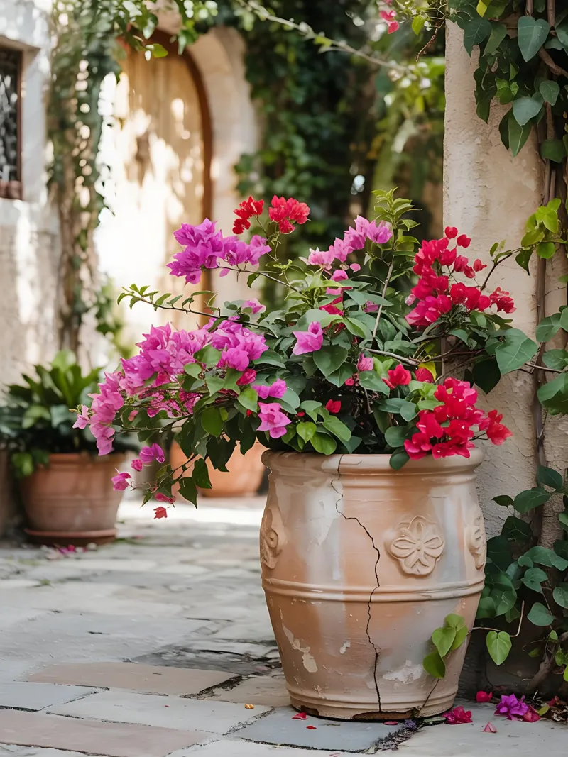 Bougainvillea in vaso in una stradina soleggiata pellicola backlit da Casa Limon