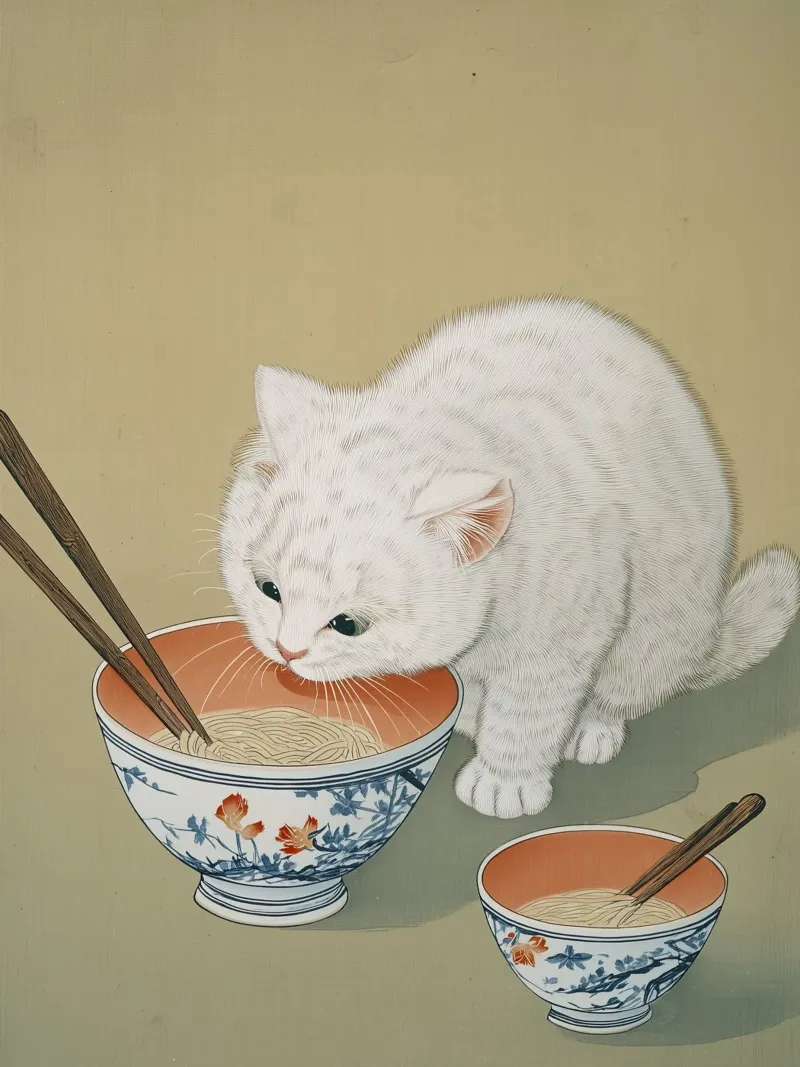 White Cat & Ramen | Inspiring Japan Ink | Foodie and Kitchen canvas by Kaji