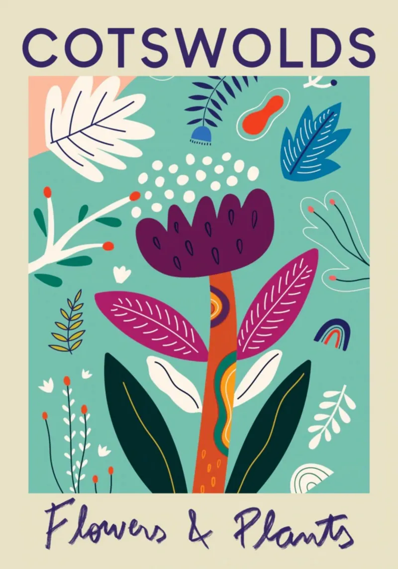Fiori e piante di Cotswolds - Giardino astratto vibrante poster con telaio in alluminio da homdeco