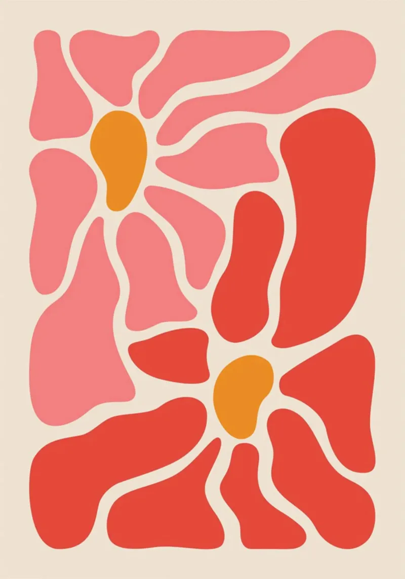 Petali astratti Pop Art - Floreale moderno di metà secolo poster con telaio in legno da homdeco