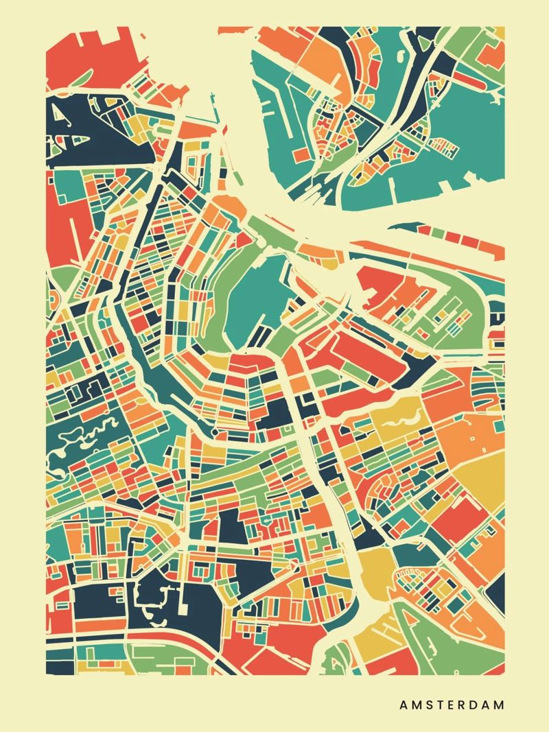 Mappa retrò colorata di Amsterdam poster da neatmaps.co
