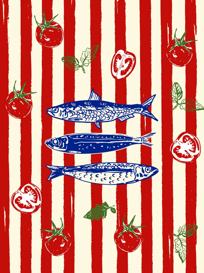 Sardines and Tomato Stripe Kitchen Doodle acrylic glass by EDMPROJECT