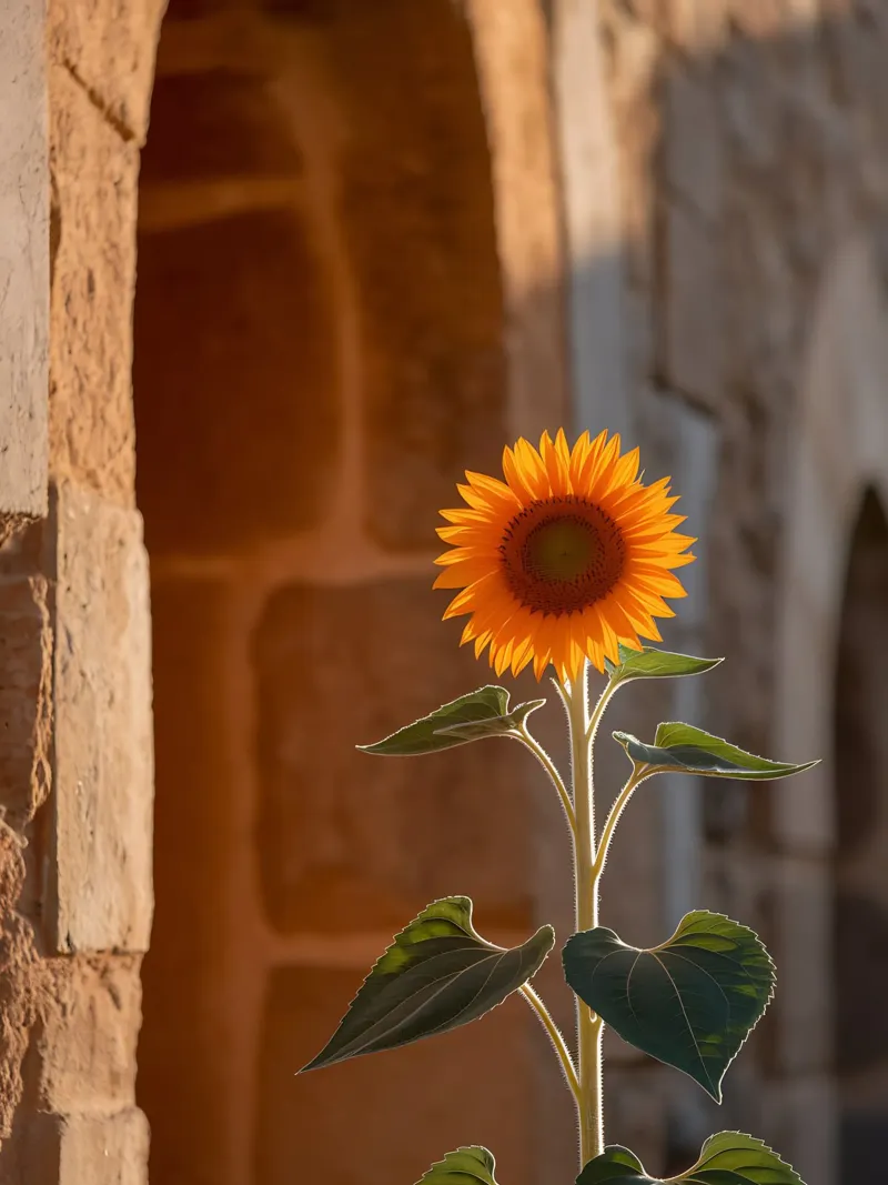 Girasole vibrante su una parete di pietra calda pellicola backlit da Casa Limon