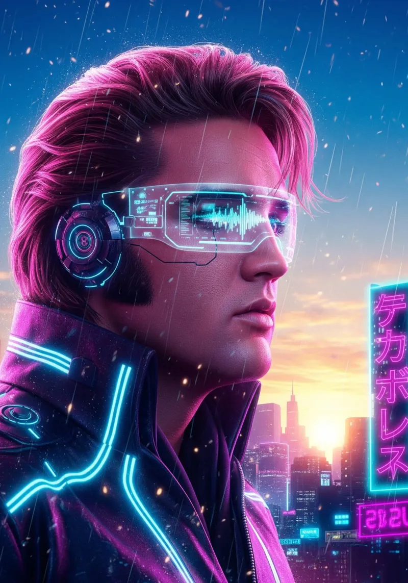 Elvis Presley - Cyber Punk art style poster con telaio in legno da Lembayung art
