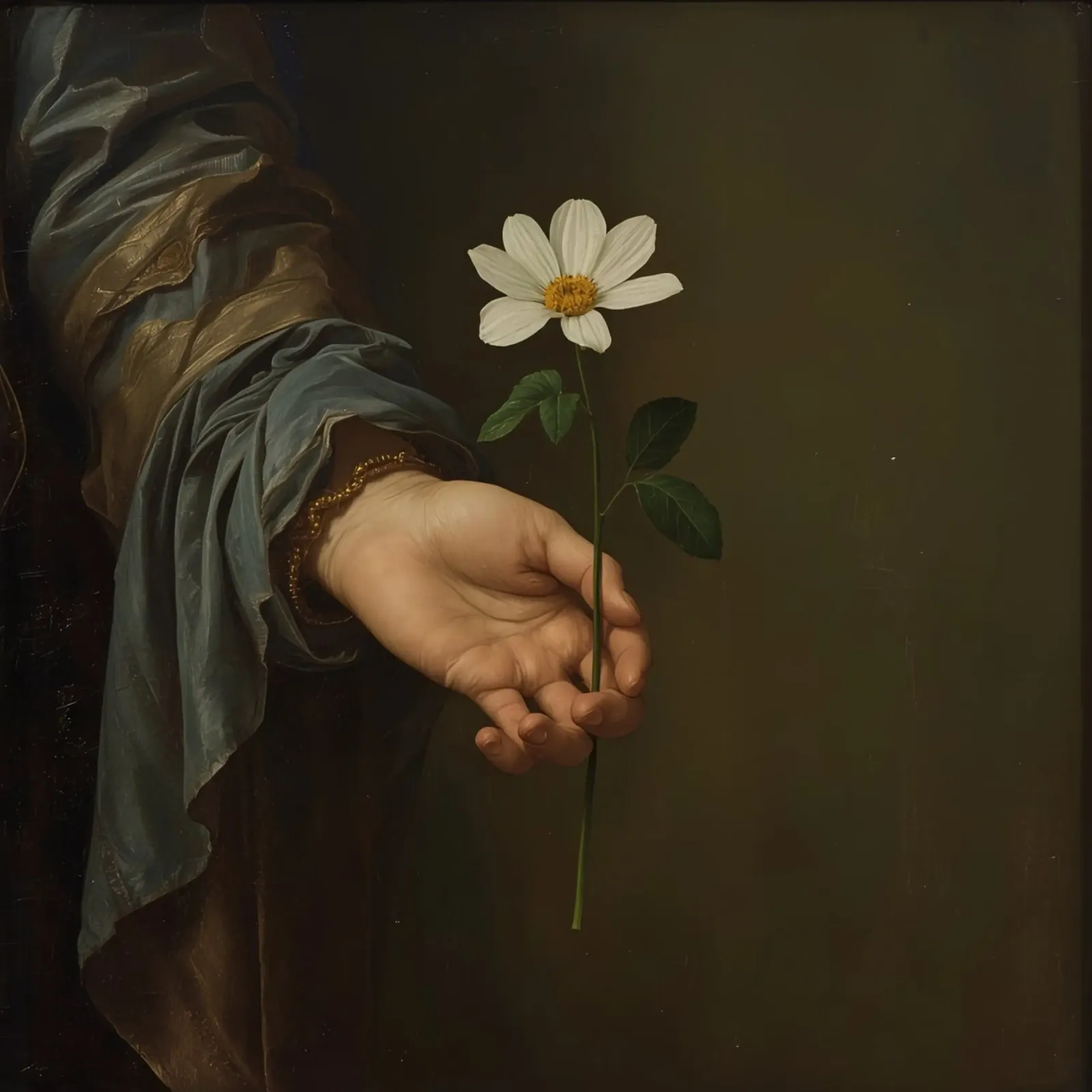 Mano che regge un fiore bianco in una luce soffusa con poster con telaio in plastica da DesignDoodle