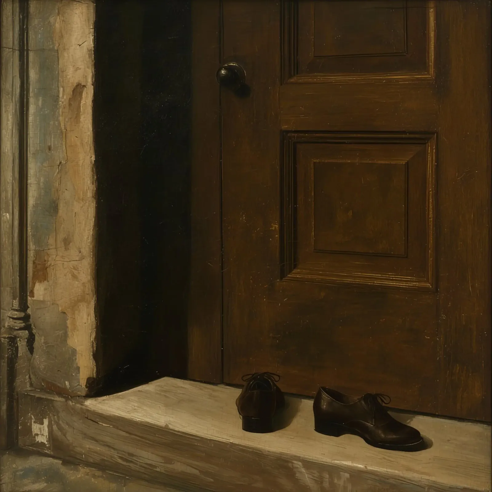 Doorway with black shoes resting on a concrete step under so hahnemühle by DesignDoodle