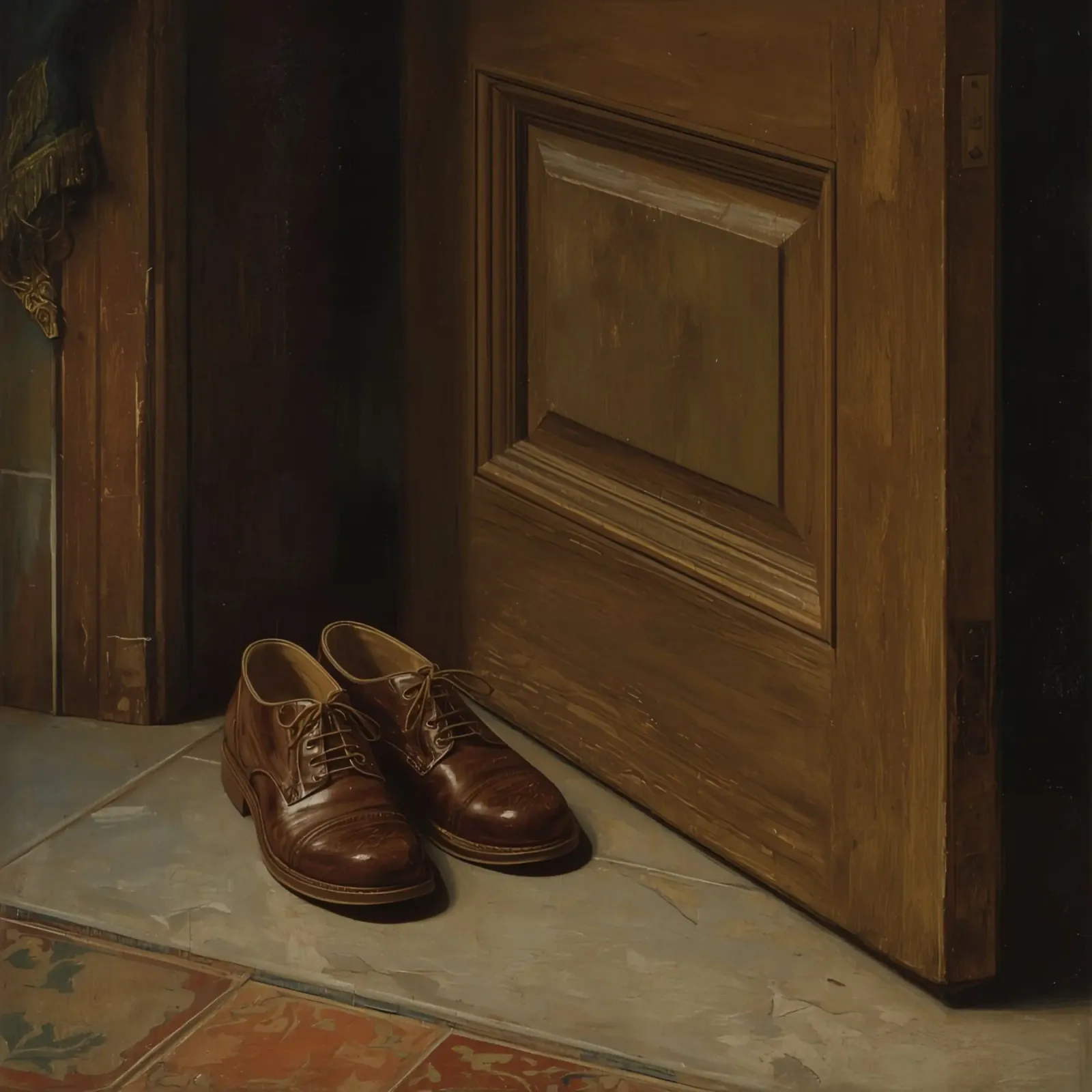 Scarpe classiche in pelle marrone posizionate davanti a una porta di legno pellicola backlit da DesignDoodle