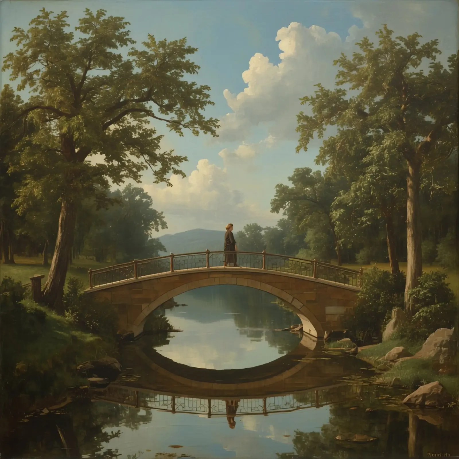 Elegant stone bridge over a calm lake surrounded by lush canvas with Floater frame by DesignDoodle