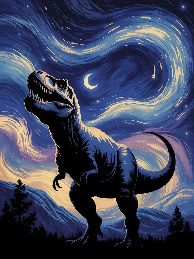 Tyrannosaurus under a swirling starry sky poster by Plain Thoughts