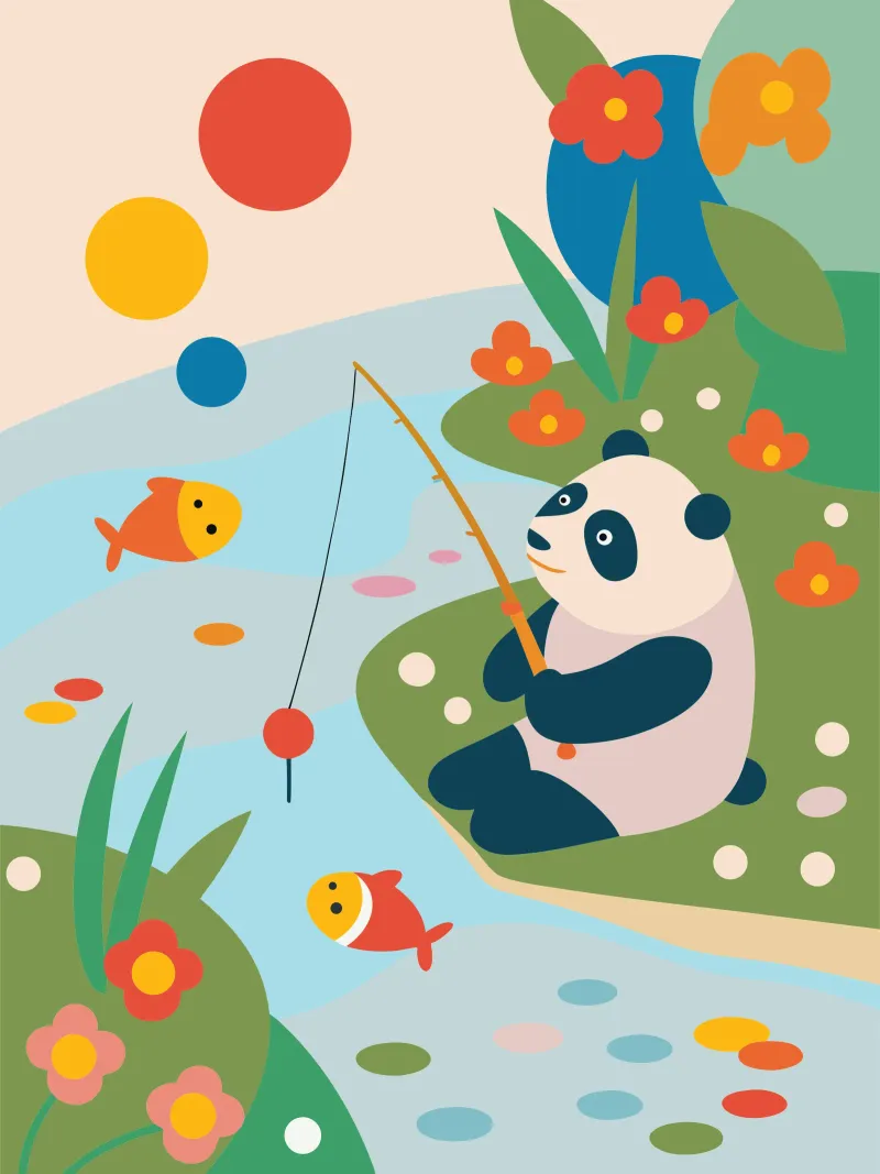 Panda da pesca poster con telaio in plastica da CUTE ANIMALS