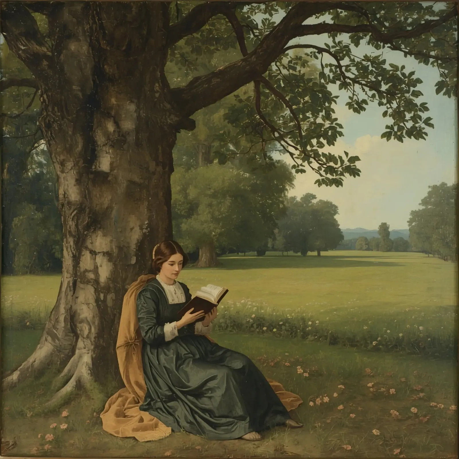 Ragazza che legge un libro sotto un grande albero in un parco verdeggiante poster con telaio in alluminio da DesignDoodle