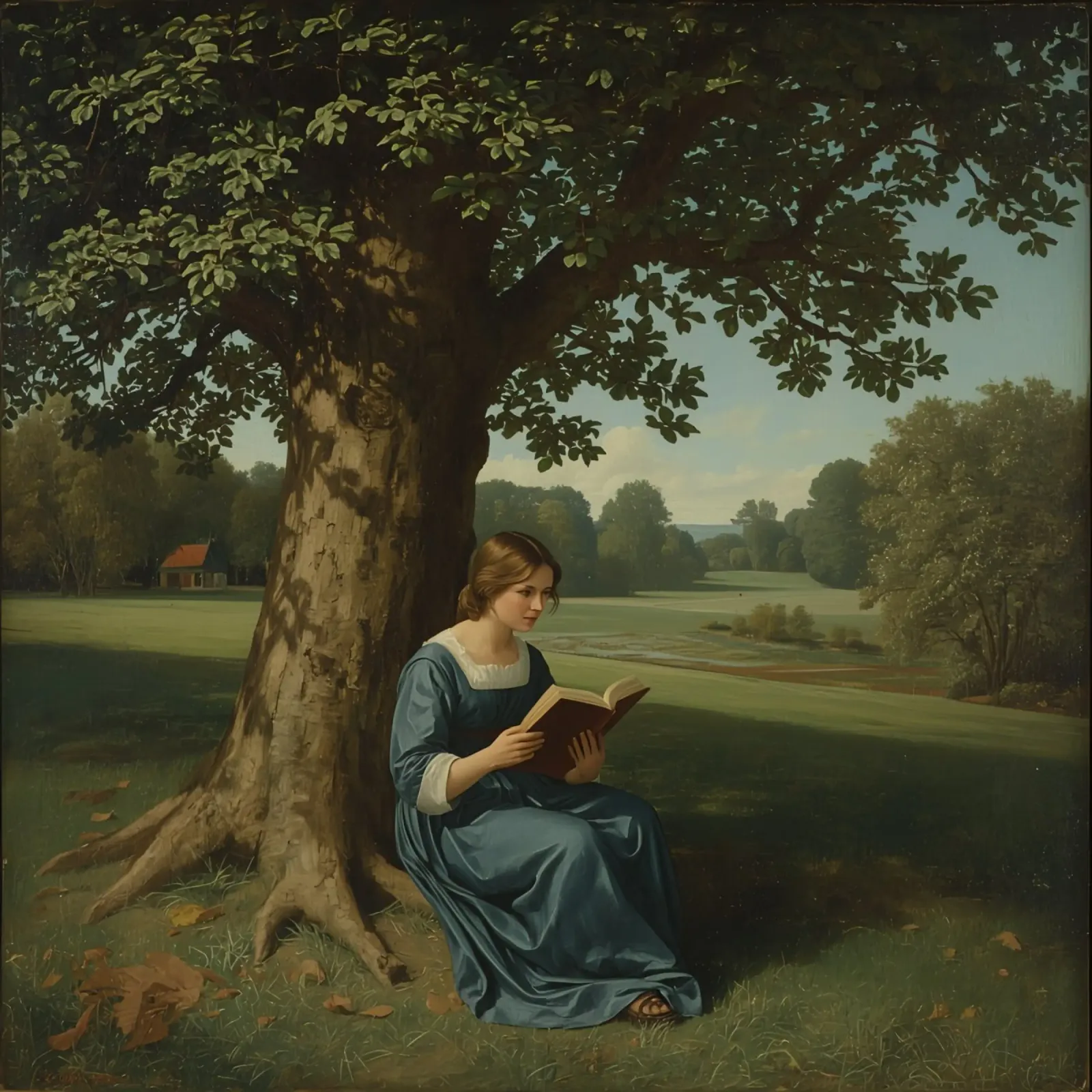 Young woman reads a book while sitting under a large tree canvas with Floater frame by DesignDoodle