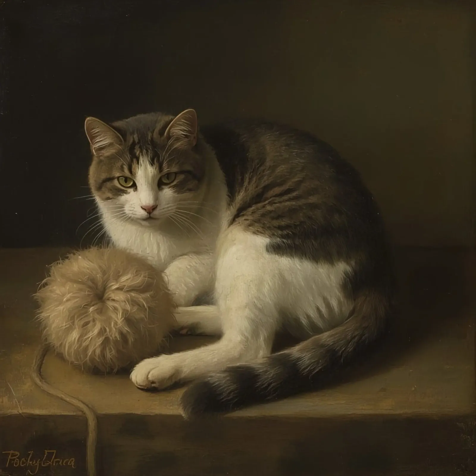 Grijs met witte kat rustend naast wollen garenbal canvas met Baklijst van DesignDoodle