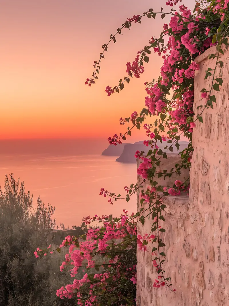 Roze bougainville bij zonsondergang forex-plaat van Casa Limon